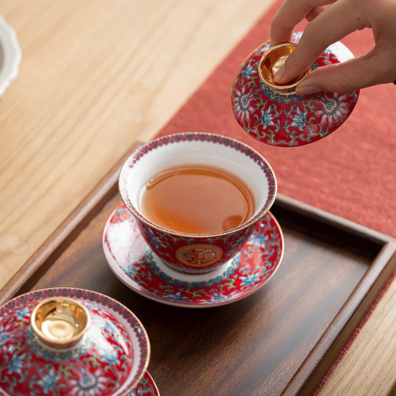 珐琅彩一对改口敬茶杯女方陪嫁用品中式红色茶壶结婚喜碗筷套装