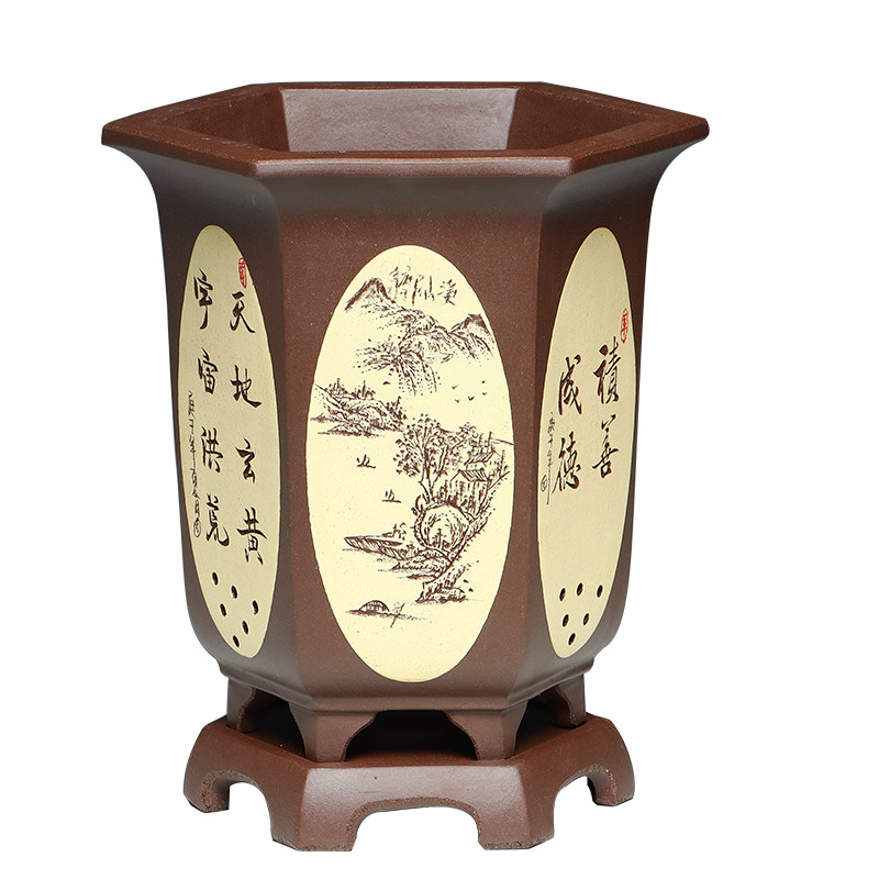 宜兴精品紫砂花盆陶瓷透气黄色高君子兰蕙兰档六角兰花花盆带托盘