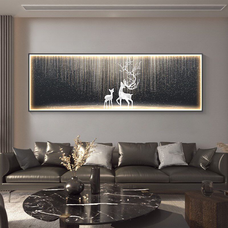 现代轻奢客厅装饰画一整幅横版led灯画发光沙发背景墙挂画鹿壁画