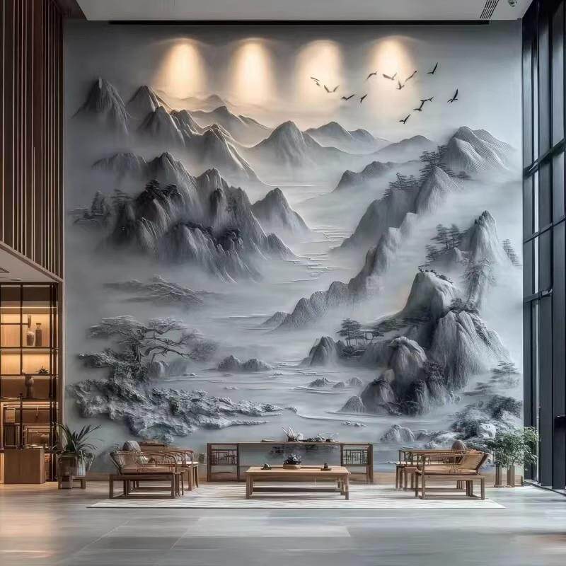 18D新中式别墅浮雕立体背景墙碳晶板复式楼挑空客厅电视背景墙板