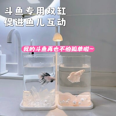 斗鱼专用双缸鱼缸装饰儿童客厅迷你小型造景玻璃桌面双格创意生态
