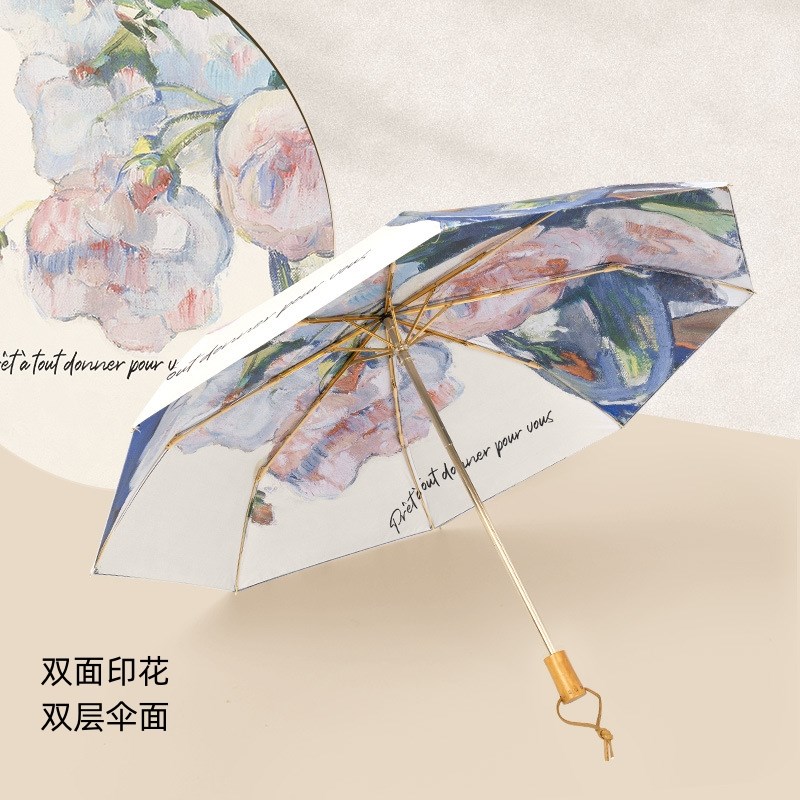 双面花双层白玫瑰黑胶折叠高颜值遮阳伞女抗UV防嗮晴雨两用伞