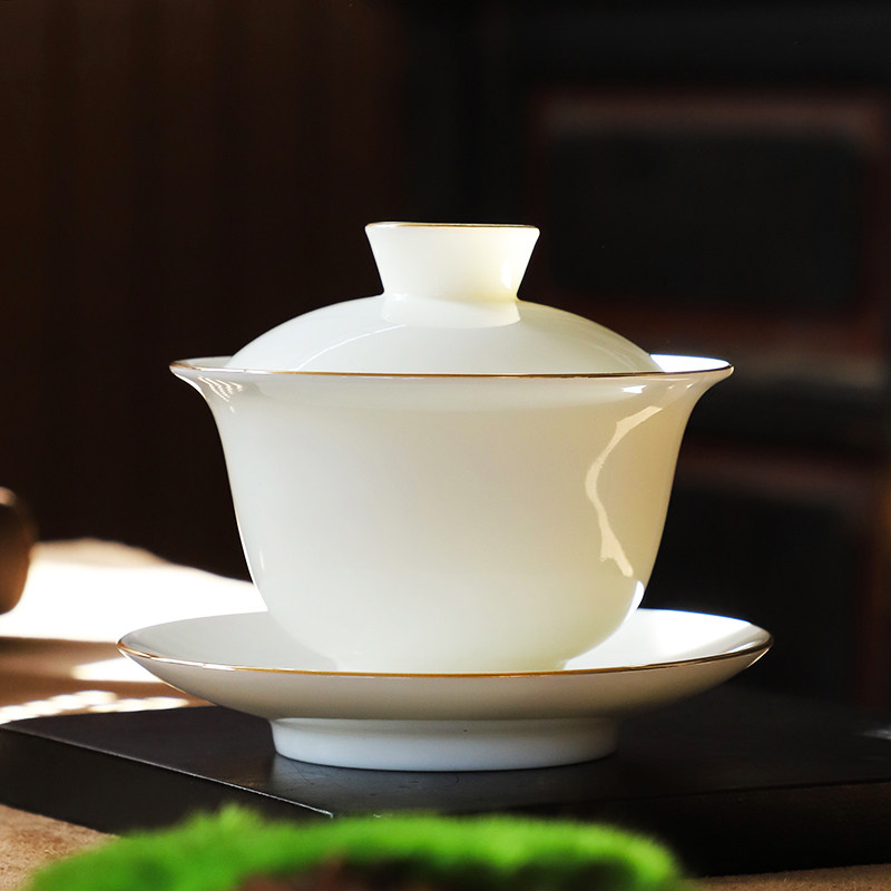 德化白瓷盖碗茶杯羊脂玉瓷三才茶碗描金功夫茶具带盖子不烫手敬茶