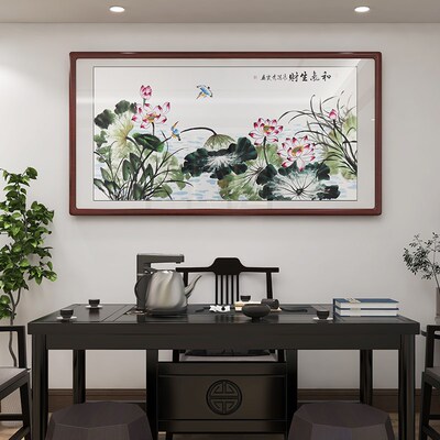 纯手绘荷花国画客厅沙发背景挂画别墅饭店包间水墨装饰画合家欢乐