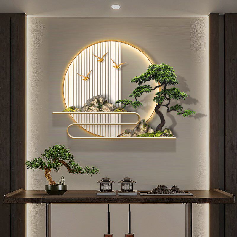 3D立体浮雕入户玄关装饰画led迎客松新中式壁画寓意好的发光挂画