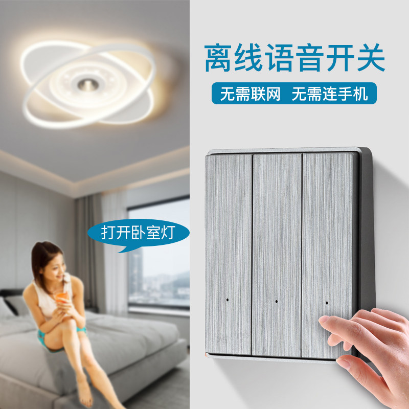 语音智能开关声控识别离线控制灯具86型面板双切免布线无线遥控器
