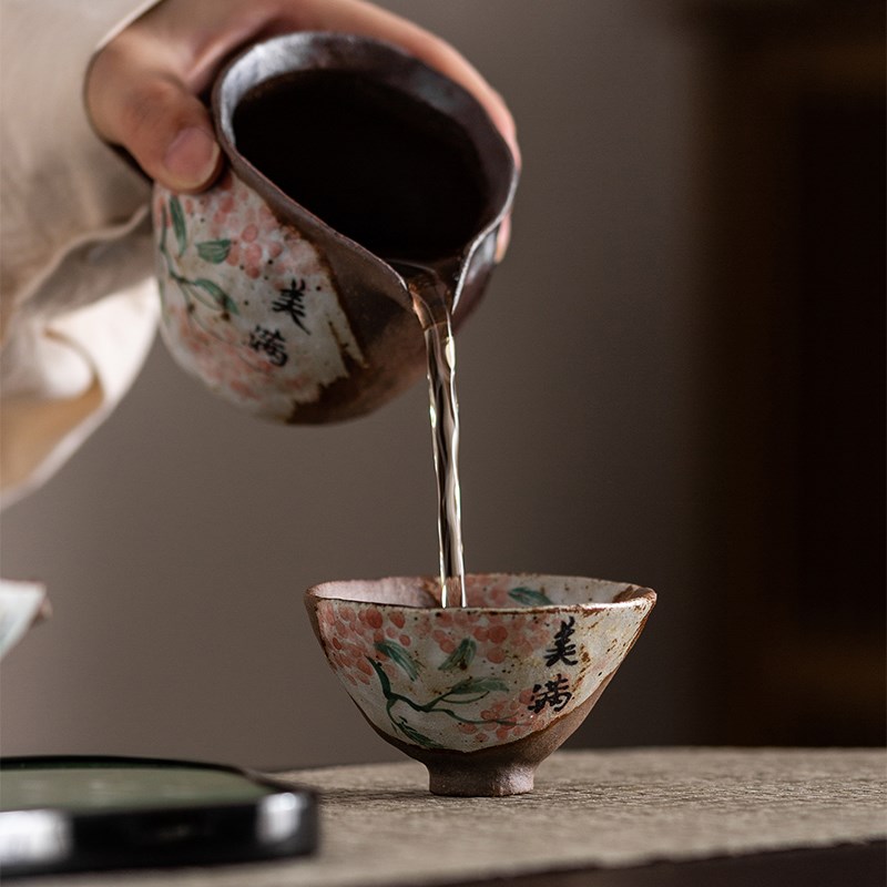 老岩泥柴烧品茗杯手绘美满陶瓷粗陶茶杯主人杯茶盏杯子单杯大号