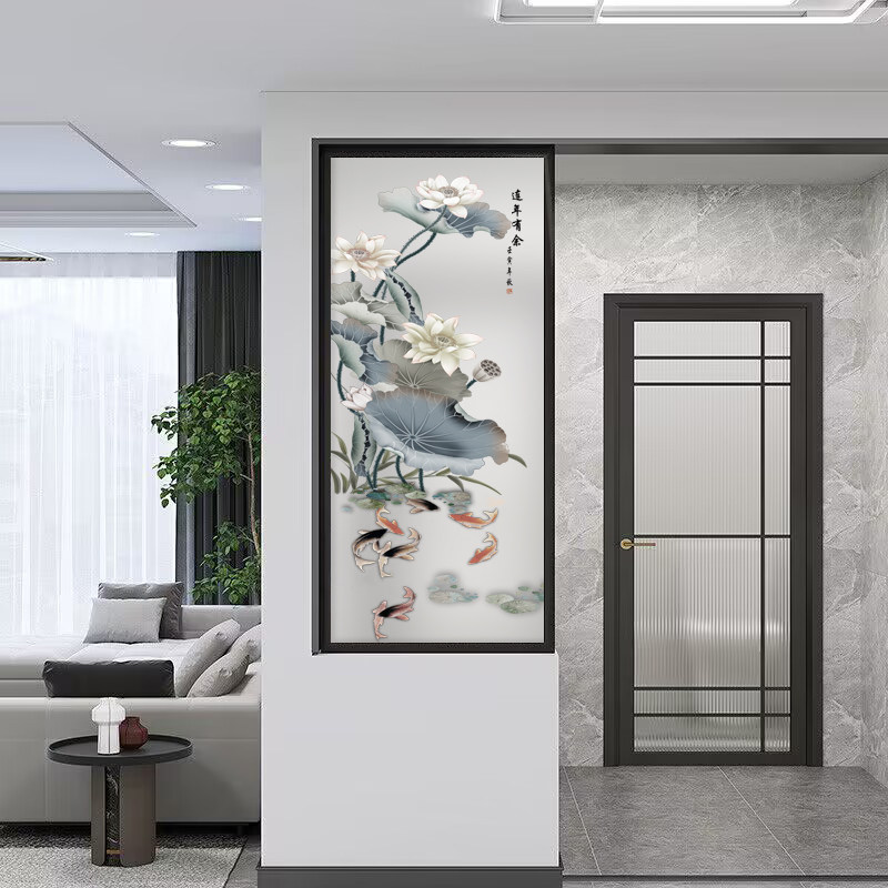定制3d艺术玻璃屏风隔断墙简约现代客厅磨砂透光入户玄关鞋柜荷花