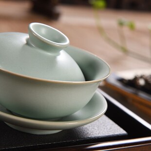 天青汝窑复古盖碗家用开片可养汝瓷茶碗茶盅三才碗泡茶杯功夫茶具