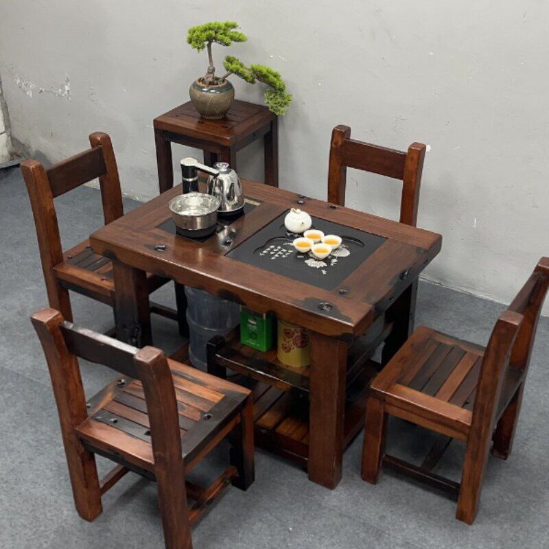 老船木茶几椅子组合实木仿古阳台小茶几户外防晒茶几简易原木休闲