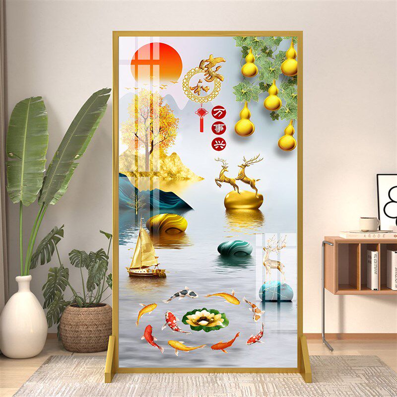 新中式屏风隔断客厅遮挡入户玄关家用进门铝合金晶瓷双面防水座屏
