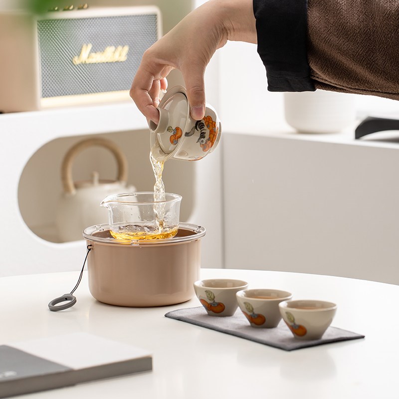 便携式旅行茶具套装简约陶瓷茶杯茶壶收纳盒一壶三杯家用茶杯套装