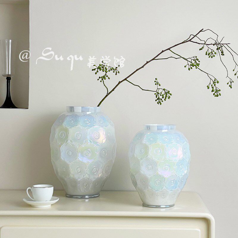 法式珠光彩浮雕花瓶玻璃大号水养鲜花插花摆件客厅高级感软装饰品