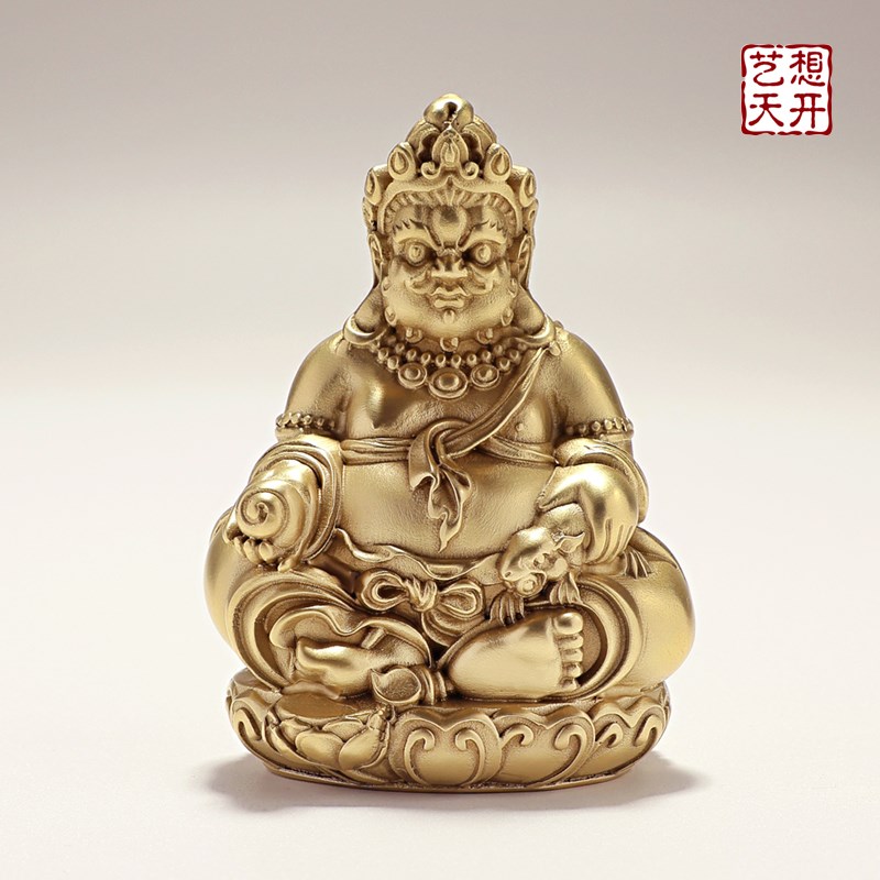 纯黄铜黄财神手把件新中式创意工艺品多闻招财佛像天王财神小摆件
