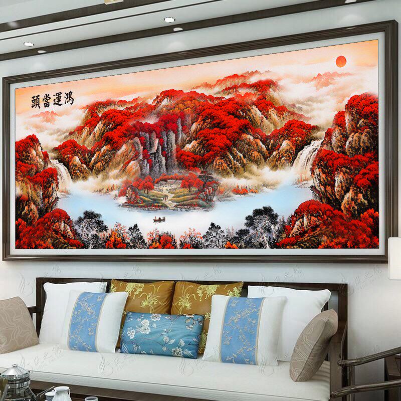 纯手工十字绣成品鸿运当头新中式新款客厅山水风景大幅满绣装饰画