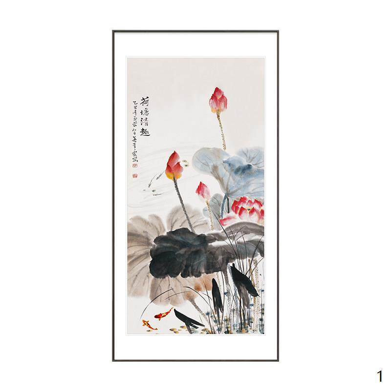 水墨荷花挂画新中式入户玄关装饰画招财锦鲤过道尽头壁画竖版国画
