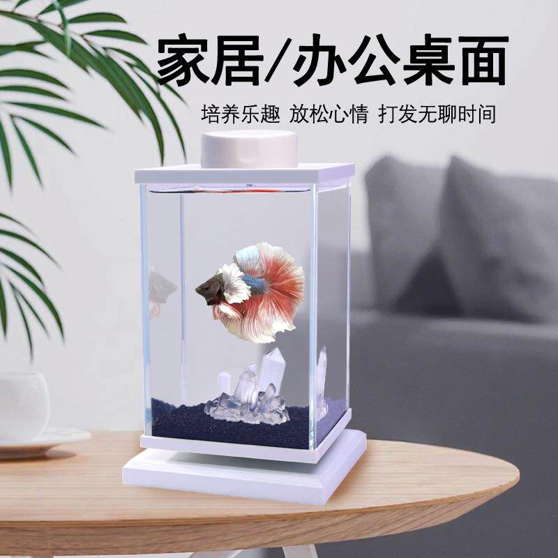 迷你旋转斗鱼缸桌面小型摆件超白玻璃创意装饰鱼缸泰斗缸造景套餐
