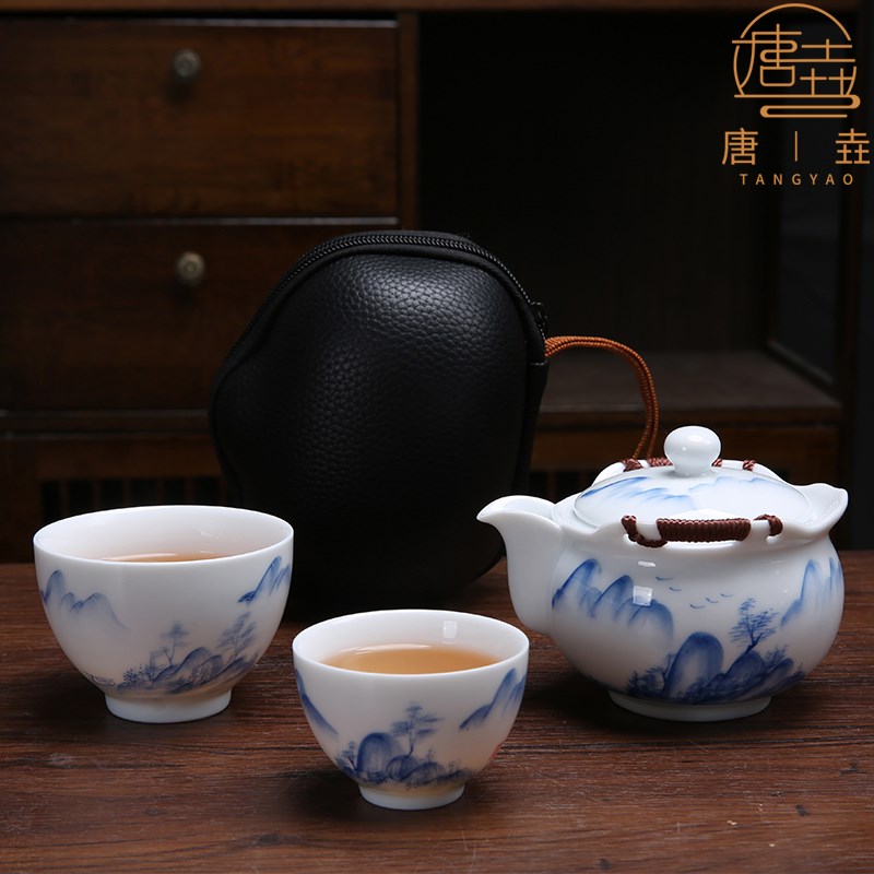 青花手绘防烫茶壶陶瓷大号泡茶壶山水盖碗茶杯家用功夫茶具快客杯