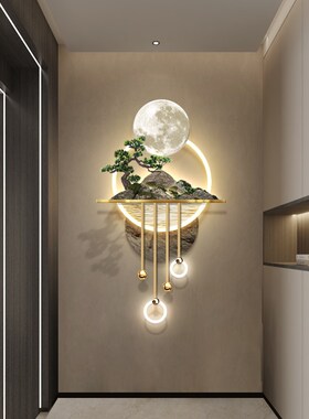 3d立体玄关装饰画过道走廊轻奢高档led发光壁灯画新中式山水挂画