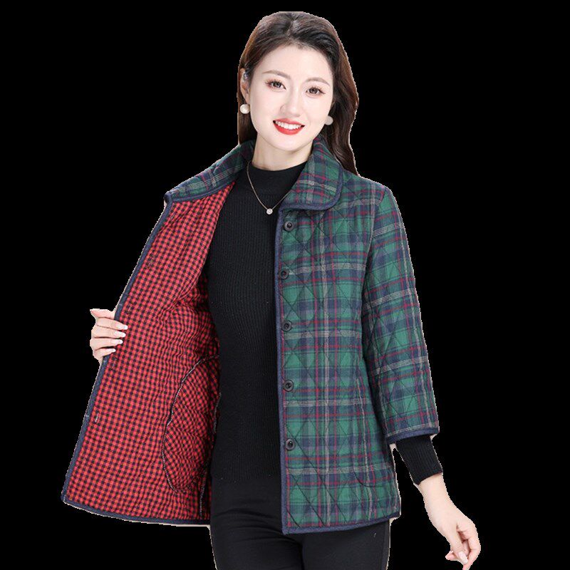 妈妈秋冬全棉格子时尚九分袖轻薄棉衣中老年女装翻领薄款棉服外套