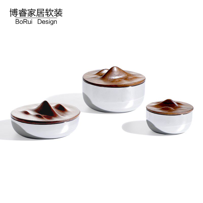 新中式圆形金属收纳罐储物盒子实木盖子客厅茶几电视柜装饰品摆件