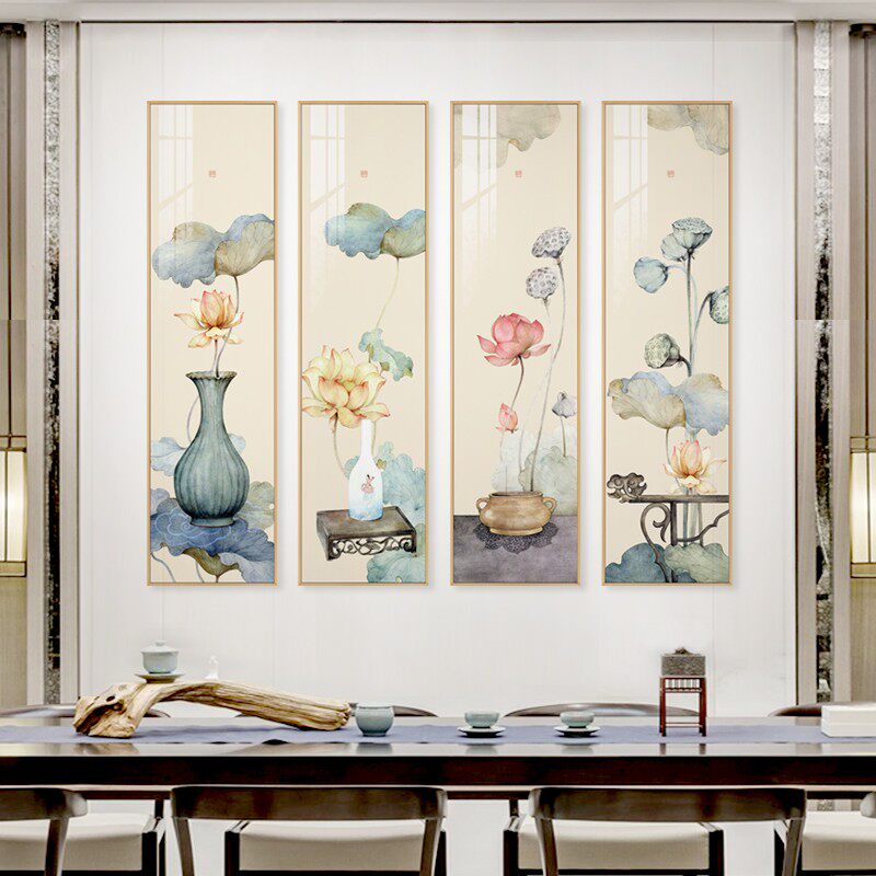 水墨宣言新中式背景墙荷花装饰画茶室禅意挂画佛系文艺风格墙画