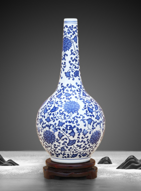 景德镇陶瓷器仿古青花瓷缠枝莲纹胆瓶客厅办公室装饰品客厅摆件