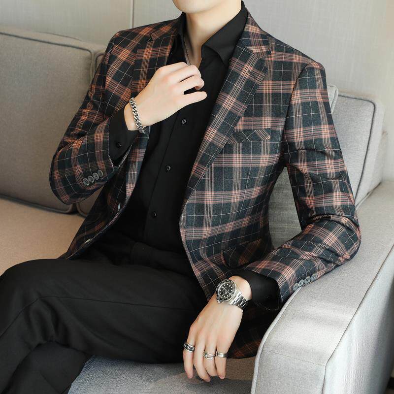 春季男士休闲时尚格子西装外套修身大码宴会礼服便西褂子西服上衣