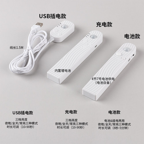USB人体感应LED灯带免布线玄关过道自粘灯条充电床底灯鞋柜小夜灯