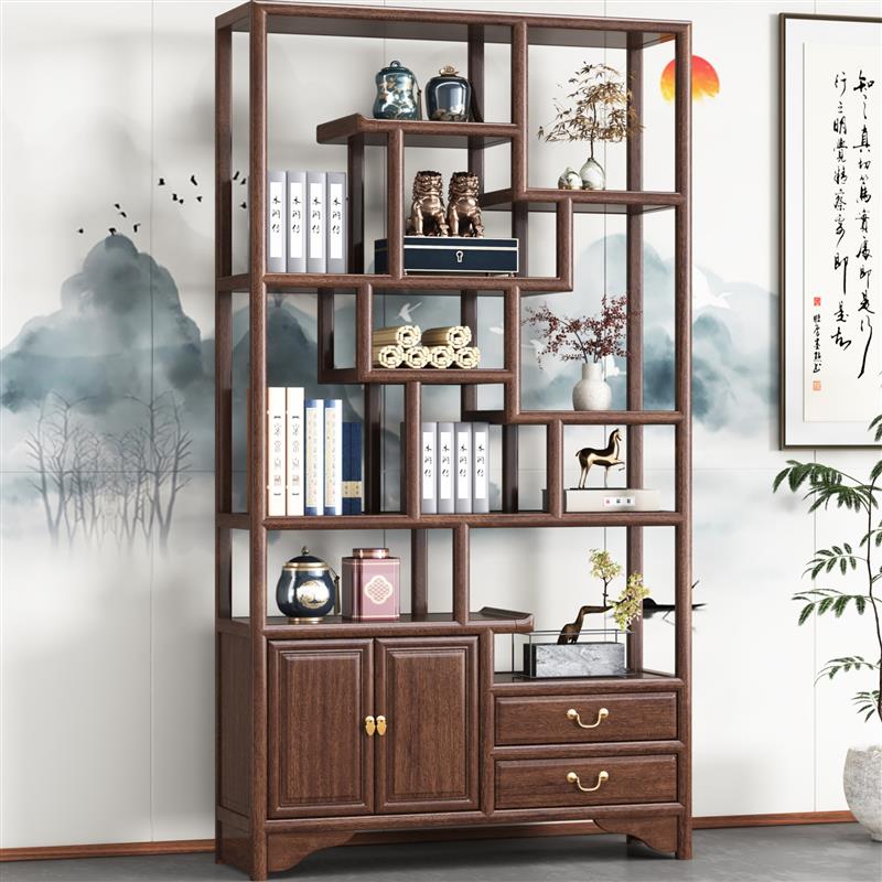 博古架实木中式多宝阁茶叶置物架榆木隔断摆件办公茶室收纳展示柜