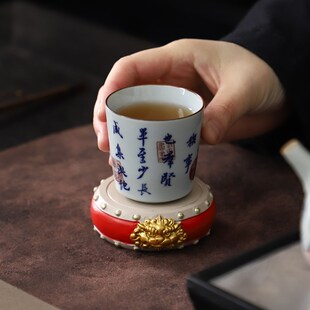 新中式红色圆形钟鼓摆件 国潮风格石材工艺品 博古架书房装饰品底