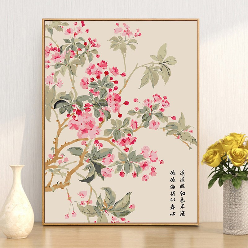 中国风diy数字油画填充填色牡丹海棠花丙烯画餐厅饭厅新中式油彩