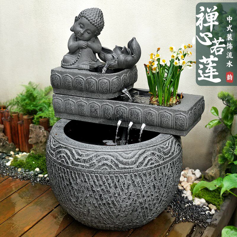 室外禅意流水鱼池造景水系景观庭院花园户外喷泉成品鱼缸仿石水槽