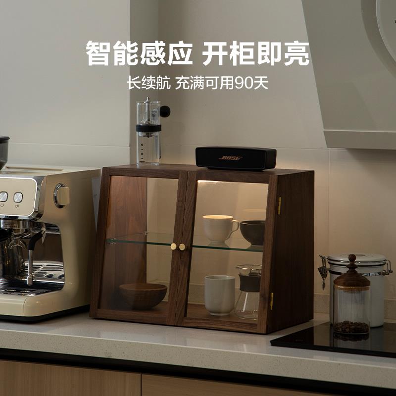 者纳里 黑胡桃木日式桌面餐边柜实木柜子茶具杯子收纳柜置物架