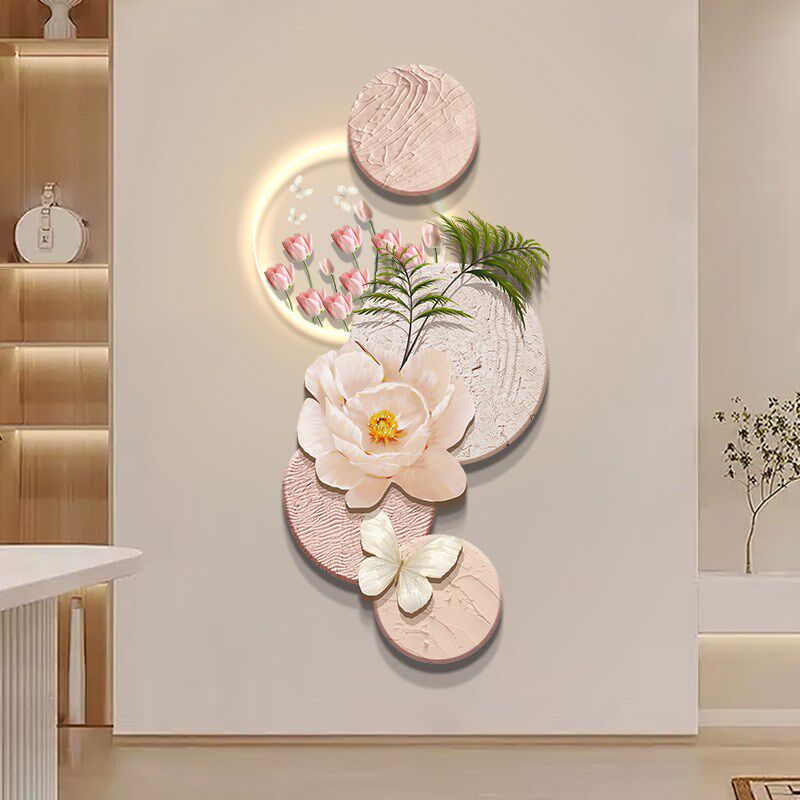 奶油风入户玄关装饰画高级感走廊尽头创意多层立体挂画发光灯壁画