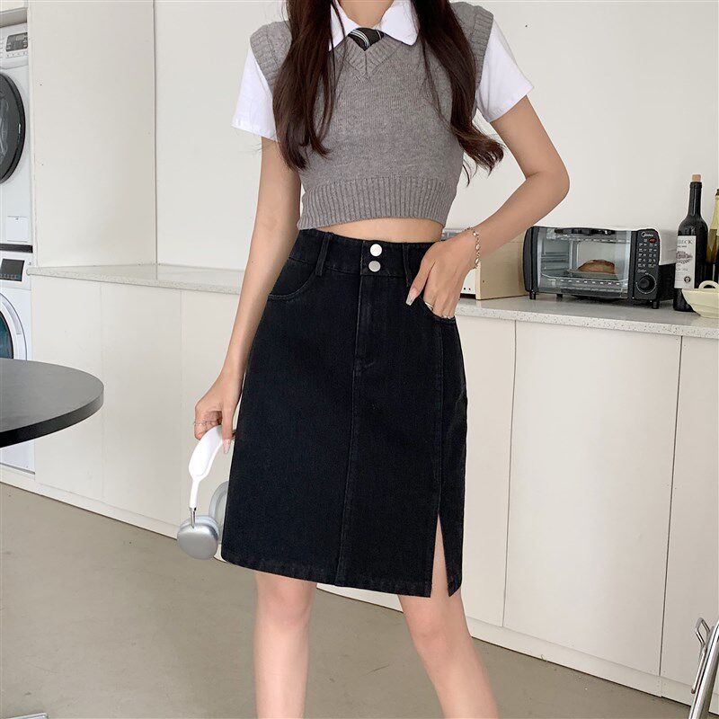 大码复古开叉牛仔半身裙女夏高腰中长款a字显瘦遮胯小个子包臀裙
