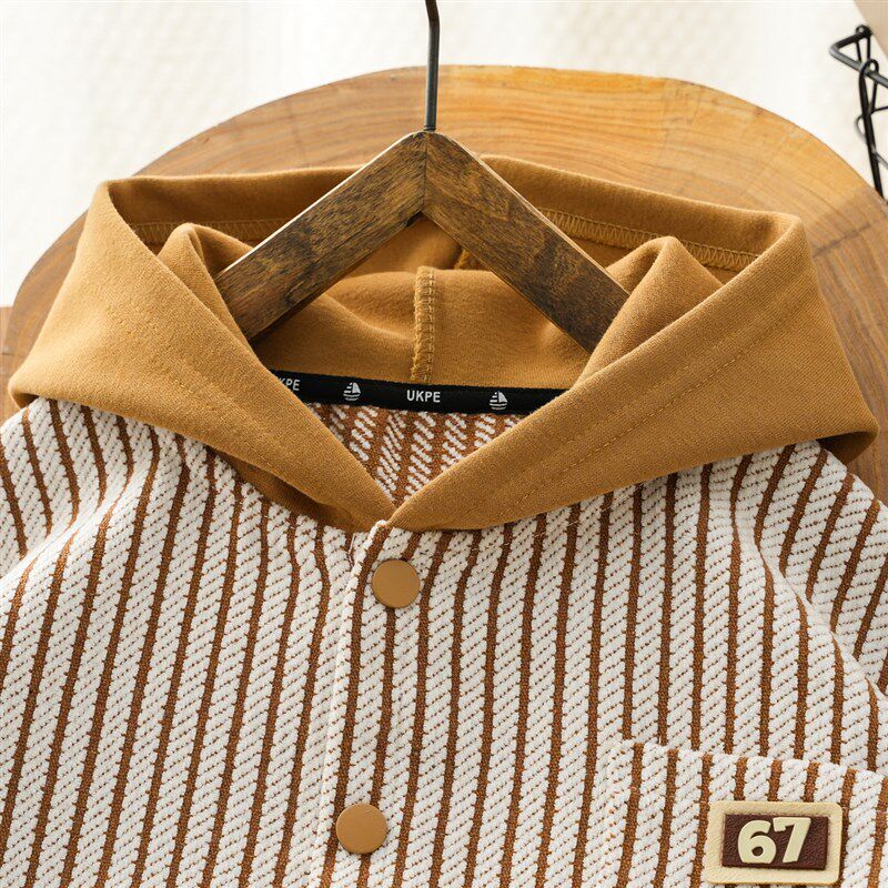 男童条纹衬衫长袖秋装薄款连帽外套2024春秋新款儿童衬衣休闲开衫