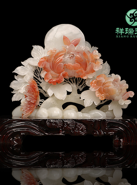 天然玉石花好月圆摆件客厅玄关酒柜装饰品办公室书房招财工艺礼品