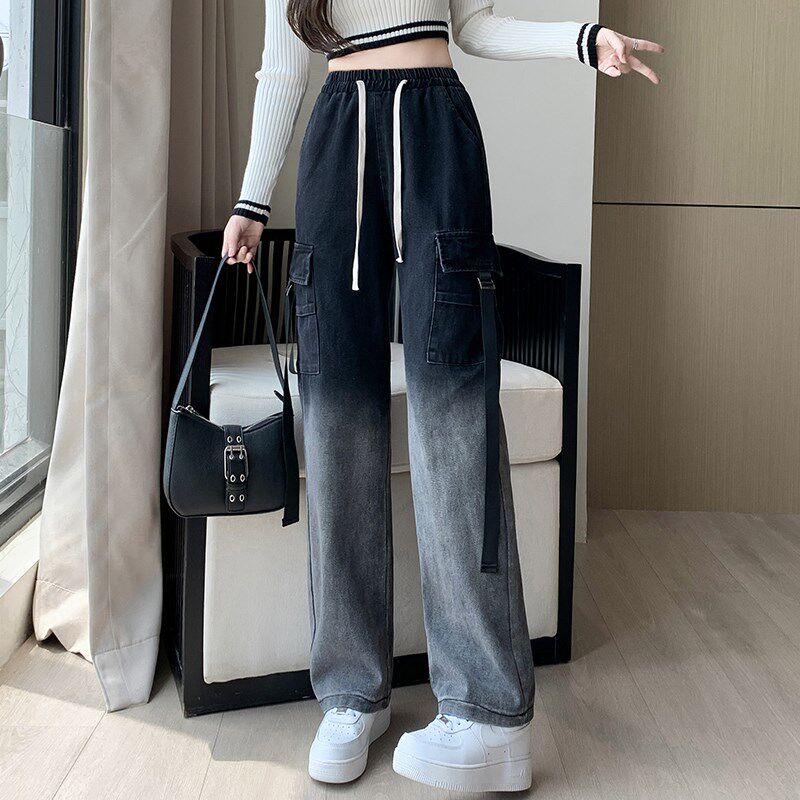 工装牛仔裤女渐变色2024秋季高腰显瘦百搭复古梨型身材窄版阔腿裤