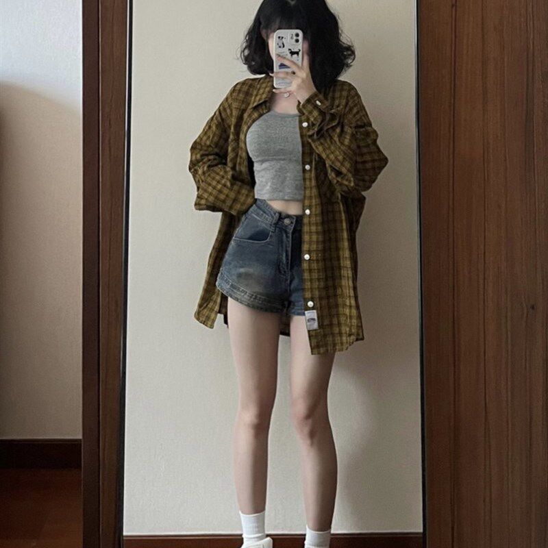 中大儿童装复古做旧牛仔短裤夏季学生高腰直筒阔腿显瘦a字裤女童