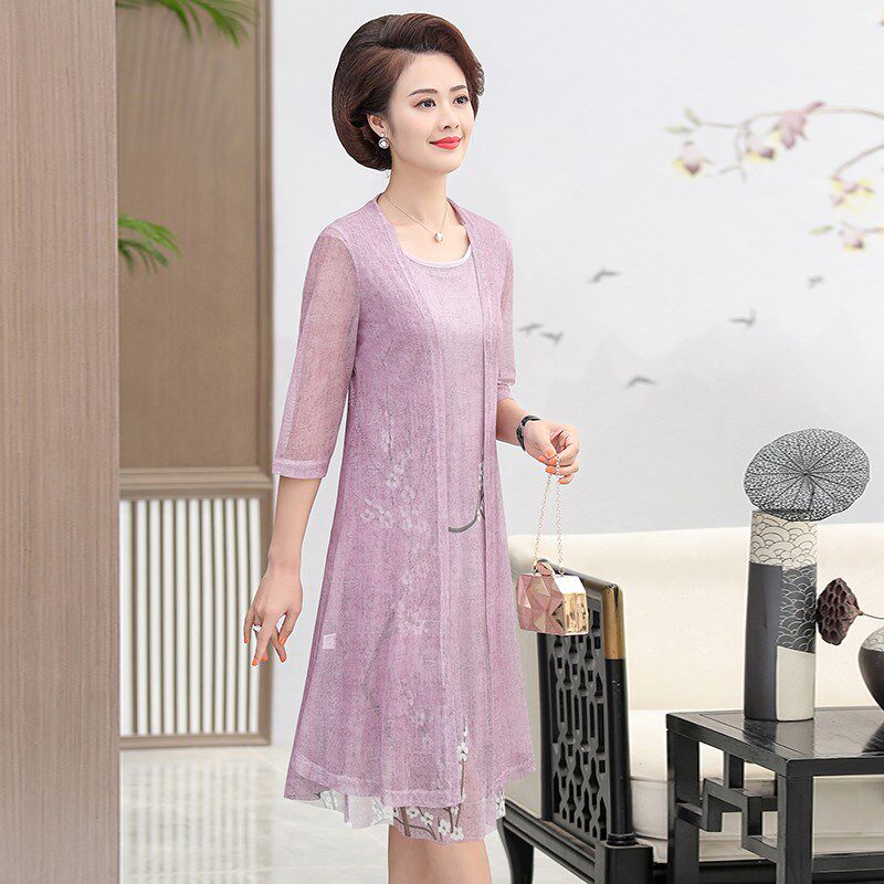 时尚高档妈妈装连衣裙夏季大码显瘦中长款裙子气质百搭中年套装