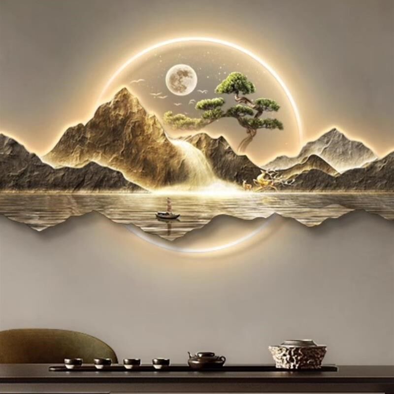 背有靠山轻奢客厅装饰画新中式沙发背景墙挂画高级感大气山水壁画