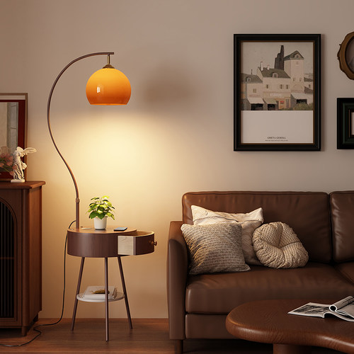 带抽屉落地灯客厅沙发边几置物法式中古新中式卧室床头柜台灯一体