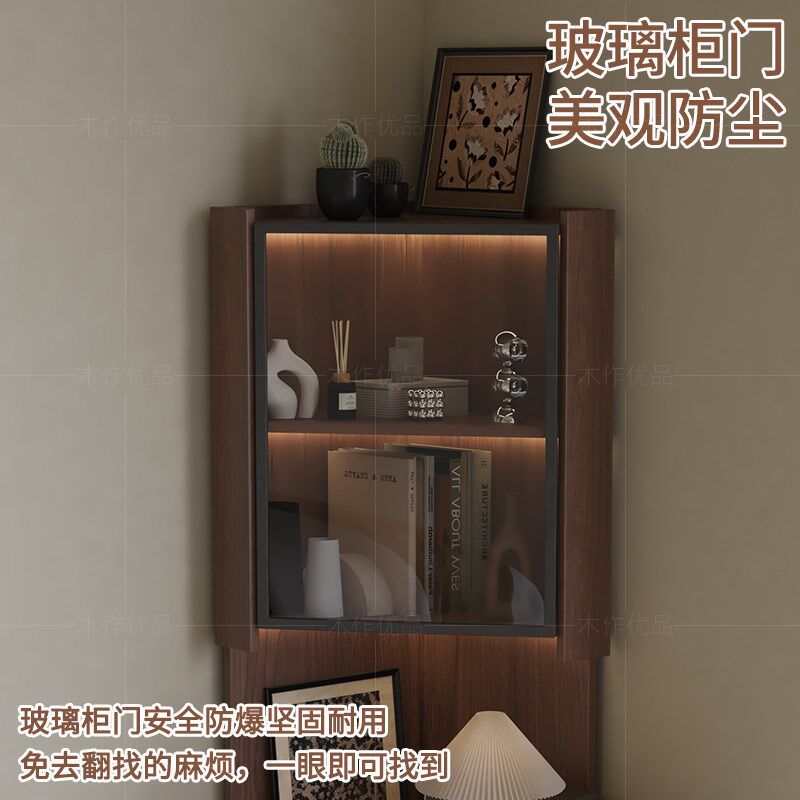 中古风实木床头柜置物架一体高柜墙角置物柜转角书柜客厅边柜窄柜