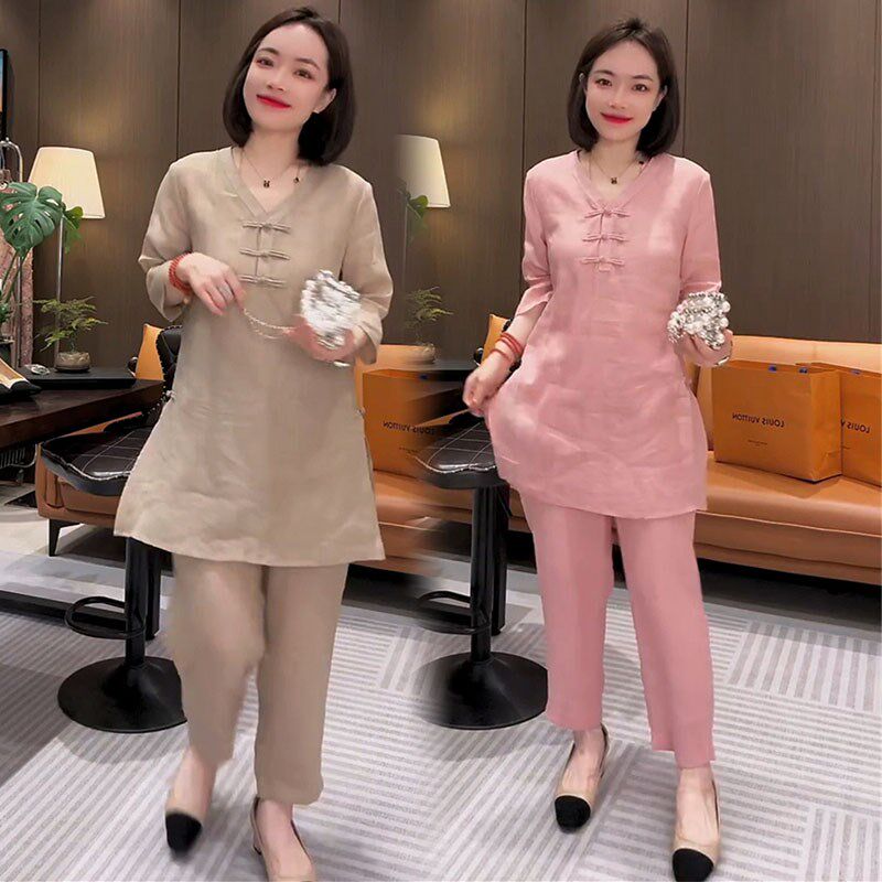 新中式气质高级感时尚套装女24夏季复古盘扣中长款t恤裤子两件套