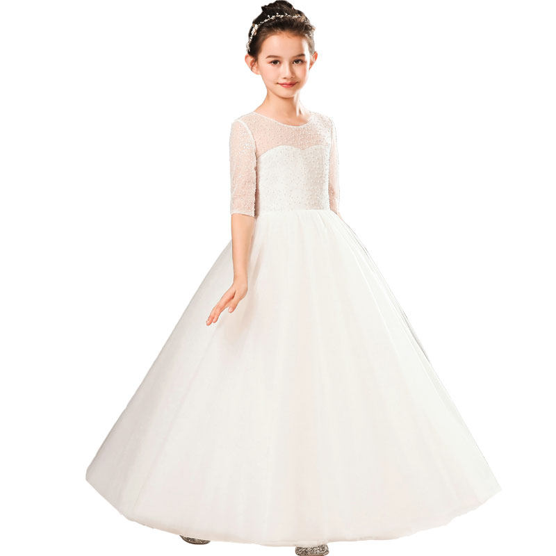 女童晚礼服钢琴演出服主持花童婚纱儿童生日白色公主裙蓬蓬纱春夏