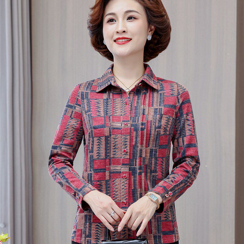 中老年女装衬衫2023春秋新款小个子妈妈花色修身长袖开衫婆婆上衣