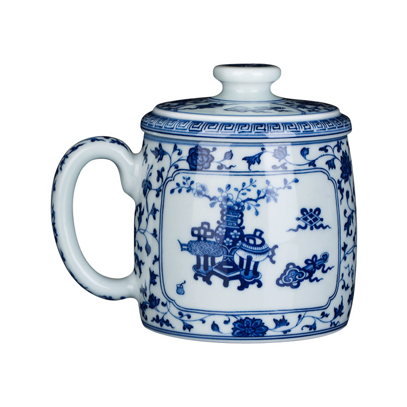 钟家窑陶瓷茶杯景德镇青花柴窑缠枝八宝个人专用办公杯泡茶杯带盖