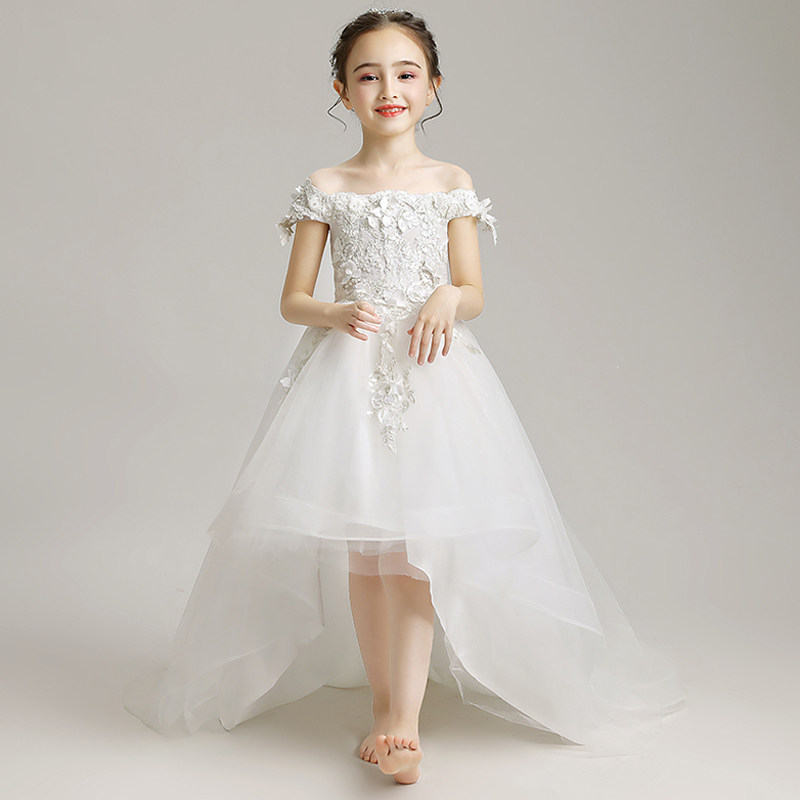 女童公主裙蓬蓬纱一字肩拖尾婚纱儿童小礼服模特走秀钢琴演出服冬