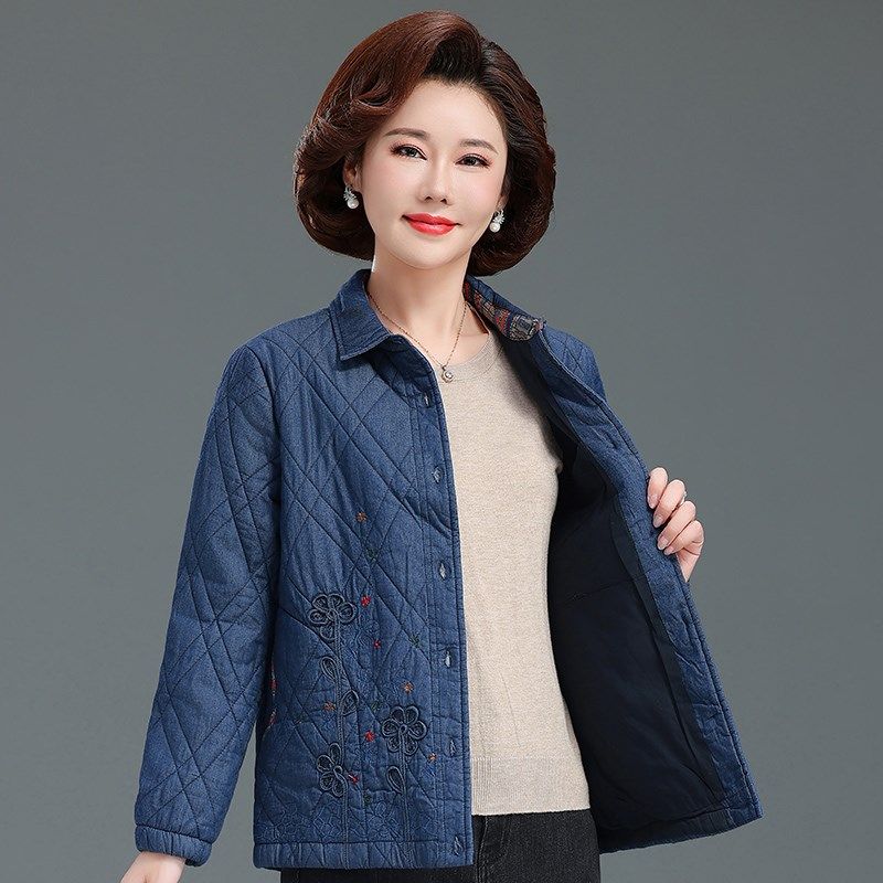 奶奶秋冬夹棉牛仔衬衫外套老年人纯棉上衣女短款老太太衣服妈妈装